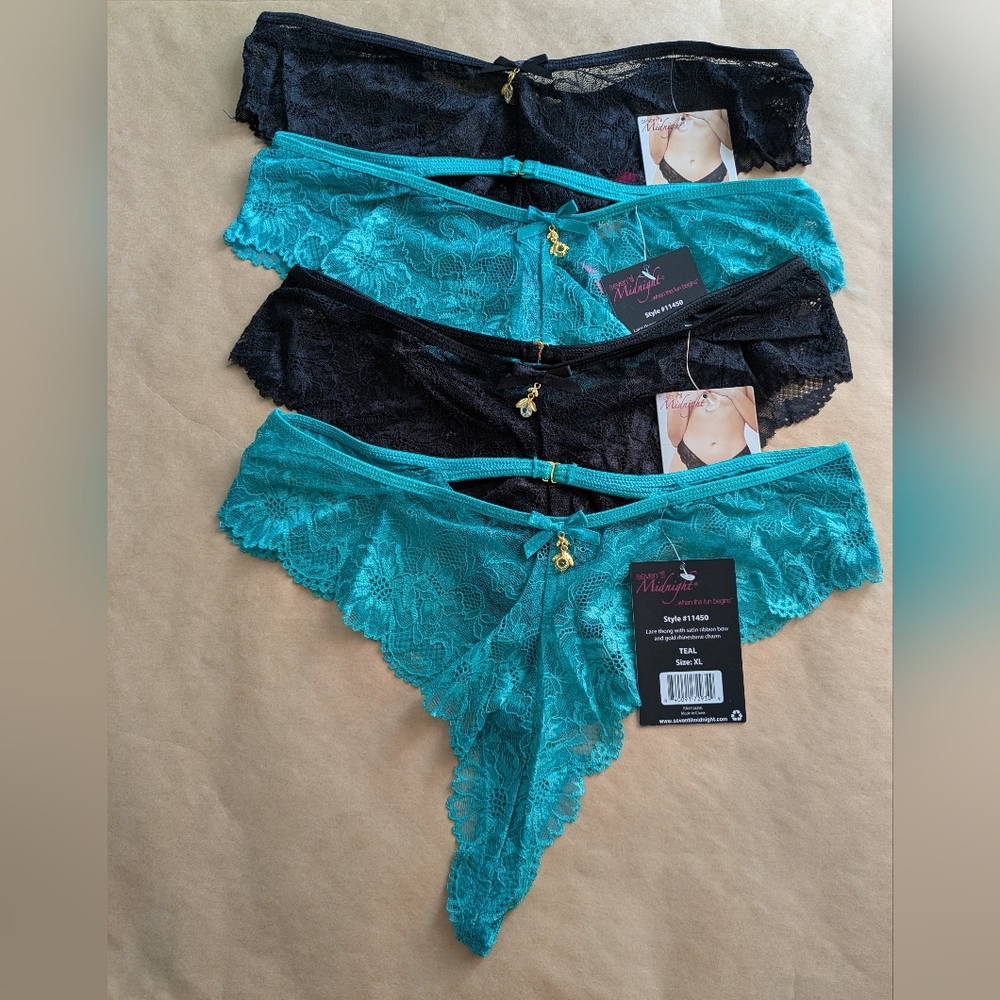 Seven Til Midnight Lace Thong With Satin Ribbon Bow And Gold Rhinestone Charm